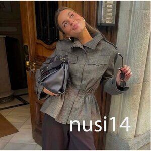 ZARA NEW WOMAN PLAID PEPLUM WOOL BLEND JACKET ZW BROWN MARL SMALL S 9132/863